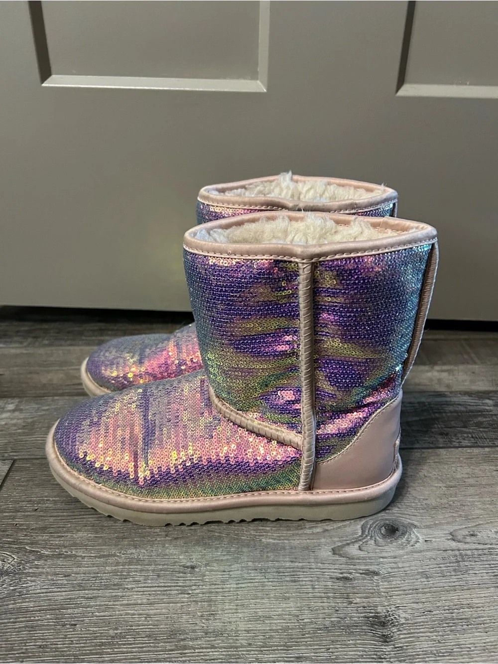UGG Classic Short Cosmos Sequin Boots in the color quartz pink purple